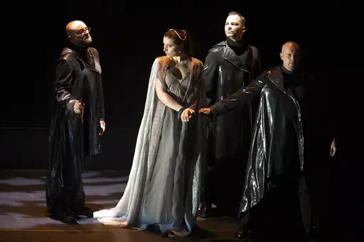 In this Dec. 29, 2021, photo provided by the Fondazione Teatro Comunale di Ferrara, singers perform in Antonio Vivaldi's "Il Farnace" in Ferrara, Italy. The Catholic Church and the city of Ferrara are making their peace with Vivaldi nearly 300 years after the city's archbishop canceled the staging of one of his operas, sending the famed Baroque composer into debt for his final years in exile. The decision was hailed by the theater's artistic director Marcello Corvino as a "marvelous gesture" tha