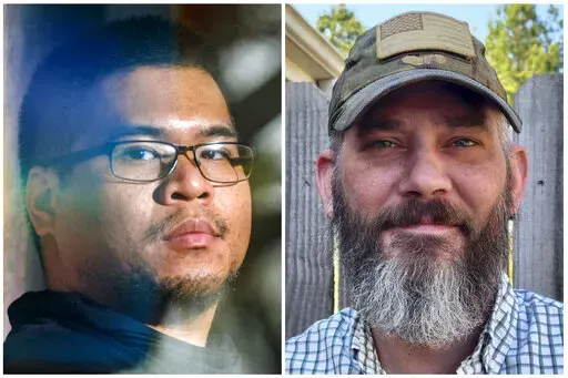 This combination file photo shows U.S. military veterans Andy Huynh, left, and Alexander Drueke. The two veterans, who disappeared while fighting Russia with Ukrainian forces on June 9, 2022, have been released after about three months in captivity, relatives said Wednesday, Sept. 21. 2022.  (Jeronimo Nisa/The Decatur Daily, left; and Lois "Bunny" Drueke/Dianna Shaw, via AP, File)
