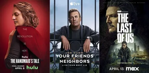 This combination of images shows promotional art for "The Handmaid's Tale" from left, "Your Friends & Neighbors and "The Last of Us." (Hulu/Apple TV+/Max via AP)