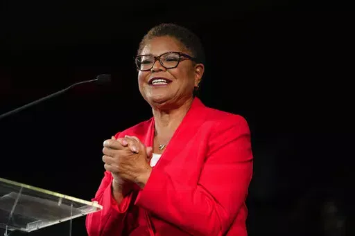 Los Angeles mayoral candidate Rep. Karen Bass, D-Calif., speaks at an election night party in Los Angeles, Tuesday, Nov. 8, 2022. (AP Photo/Jae C. Hong)