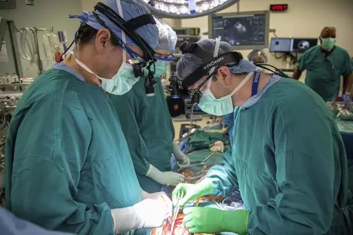 In this photo provided by Duke Health, surgeons Dr. Jacob Schroder, left, and Dr. Zachary Fitch perform a heart transplant at Duke University Hospital in Durham, N.C., in October 2022. Most transplanted hearts are from donors who are brain dead, but research published by Duke Health on Wednesday, June 7, 2023, shows a different approach can be just as successful and boost the number of available organs. It's called donation after circulatory death, a method long used to recover kidneys and other