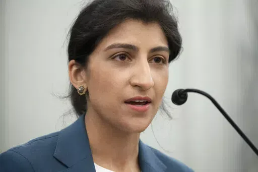 Lina Khan, nominee for Commissioner of the Federal Trade Commission (FTC), speaks during a Senate Committee on Commerce, Science, and Transportation confirmation hearing, April 21, 2021 on Capitol Hill in Washington. Khan, the head of the Federal Trade Commission says she’ll continue to lead a robust agenda of actions and policies to help safeguard the data privacy of children online. The work will include toughened enforcement of protections under a long-standing law governing kids’ online 