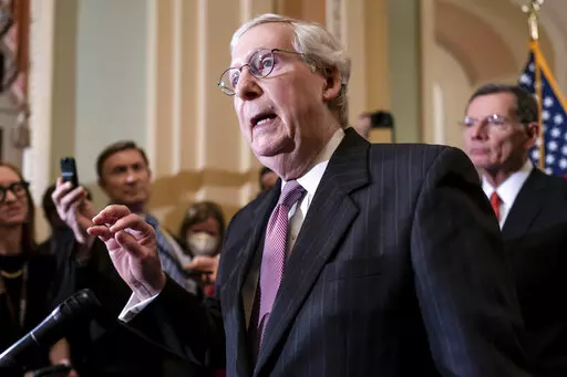 Senate Minority Leader Mitch McConnell, R-Ky., speaks to reporters ahead of a procedural vote on Wednesday to essentially codify Roe v. Wade, at the Capitol in Washington, Tuesday, May 10, 2022. (AP Photo/J. Scott Applewhite)