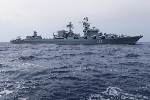 In this photo provided by the Russian Defense Ministry Press Service, Russian navy missile cruiser Moskva is on patrol in the Mediterranean Sea near the Syrian coast on Dec. 17, 2015. (Russian Defense Ministry Press Service via AP, File)