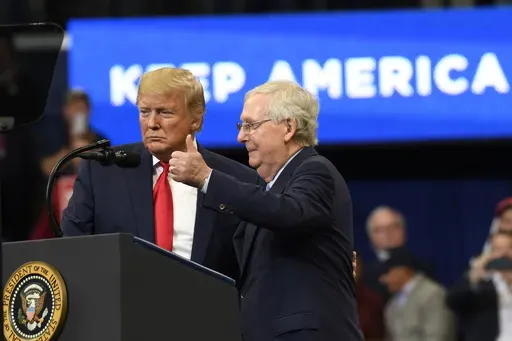 President Donald Trump brings Senate Majority Leader Mitch McConnell of Ky., on stage during a campaign rally in Lexington, Ky., Nov. 4, 2019. (AP Photo/Susan Walsh, File)