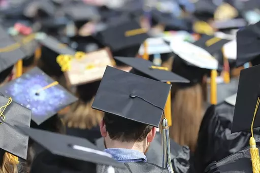 In this May 5, 2018, file photo, graduates at the University of Toledo commencement ceremony in Toledo, Ohio. On the bumpy road to repayment this fall, student loan borrowers have some qualms. Borrowers filed more than 101,000 student loan complaints with the Federal Student Aid office in 2022 – more than double from 2021 – and that number is poised to increase further as October payments approach. (AP Photo/Carlos Osorio, File)