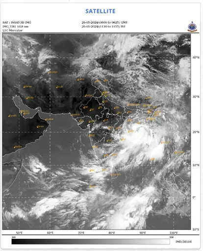 In this screen-grab taken from the website of India Meteorological Department, Government of India, cyclonic activity is visible over the Bay of Bengal on the eastern coast of India, Sunday, May 26, 2024. The India Meteorological Department says the cyclonic storm will cross Bangladesh and India’s West Bengal coasts around midnight Sunday. (India Meteorological Department via AP)