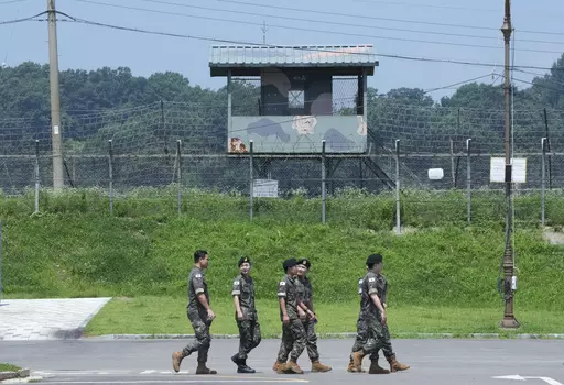 South Korean army soldiers pass by a military guard post at the Imjingak Pavilion in Paju, South Korea, near the border with North Korea, Wednesday, July 19, 2023. South Korea and the United States began large annual military exercises Monday, March 4, 2024, to bolster their readiness against North Korean nuclear threats after the North raised animosities with an extension of missile tests and belligerent rhetoric earlier this year.(AP Photo/Ahn Young-joon, File)