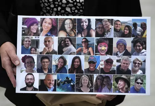 A photo collage of the 34 victims of the Sept. 2, 2019 fire aboard the dive boat, Conception, at Santa Cruz Island, is held by a family member arriving at federal court in Los Angeles, Wednesday, Oct. 25, 2023. A federal jury on Monday, Nov. 6, found scuba dive boat captain Jerry Boylan was criminally negligent in the deaths of 34 people killed in a fire aboard the vessel in 2019, the deadliest maritime disaster in recent U.S. history. (AP Photo/Damian Dovarganes,File)