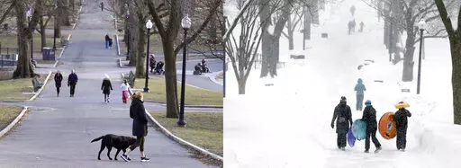 This two picture combination shows scenes from a mild day on Feb. 13, 2023, at left, and a snowy day on Feb. 9, 2015, at right, as people walk through the Boston Common in Boston. Snow totals are far below average from Boston to Philadelphia in 2023 and warmer temperatures have often resulted in more spring-like days than blizzard-like conditions. (AP Photo/Steven Senne)