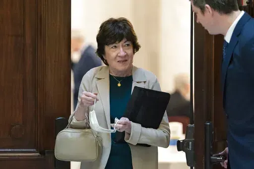 Sen. Susan Collins, R-Maine, leaves a policy luncheon, on Feb., 17, 2022, on Capitol Hill in Washington. President Joe Biden and Senate Democrats say they are hoping for a bipartisan vote to confirm Ketanji Brown Jackson to the Supreme Court. (AP Photo/Jacquelyn Martin, File)