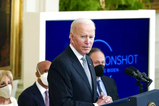 President Joe Biden speaks during a "Cancer Moonshot," event in the East Room of the White House, Wednesday, Feb. 2, 2022, in Washington. (AP Photo/Alex Brandon)