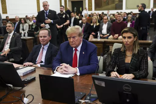 Former U.S. President Donald Trump, with lawyers Christopher Kise and Alina Habba, attends the closing arguments in the Trump Organization civil fraud trial at New York State Supreme Court in the Manhattan borough of New York, Thursday, Jan. 11, 2024. Within days, Trump could potentially have his sprawling real estate business empire ordered “dissolved” for repeated misrepresentations on financial statements to lenders, adding him to a short list of scam marketers, con artists and others who