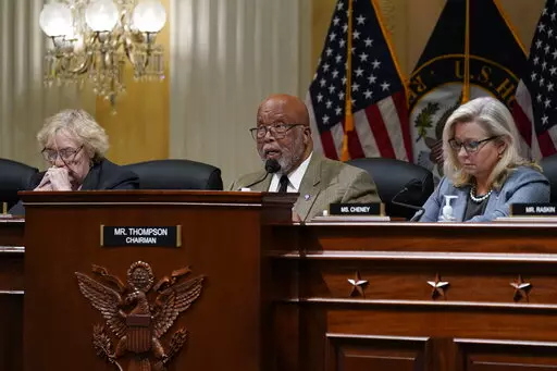 Chairman Bennie Thompson, D-Miss., center, flanked by Rep. Zoe Lofgren, D-Calif., left, and Vice Chair Liz Cheney, R-Wyo., makes a statement as the House committee investigating the Jan. 6 attack on the U.S. Capitol convenes in Washington, March 28, 2022. The House committee investigating the Jan. 6 insurrection at the Capitol will go public with its findings in a hearing next week, launching into what lawmakers hope will be one the most consequential oversight efforts in American history. (AP P