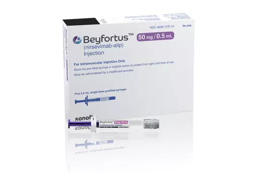 This illustration provided by AstraZeneca depicts packaging for their medication Beyfortus. U.S. officials have approved a new long-acting drug to protect babies and toddlers against a respiratory virus that causes thousands of hospitalizations each year. The Food and Drug Administration on Monday, July 17, 2023 approved the injection for infants and children up to 2 years old. (AstraZeneca via AP)