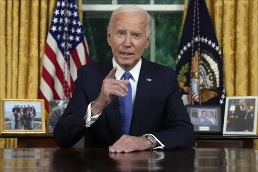 President Joe Biden addresses the nation from the Oval Office of the White House in Washington, July 24, 2024, about his decision to drop his Democratic presidential reelection bid. (AP Photo/Evan Vucci, Pool, File)