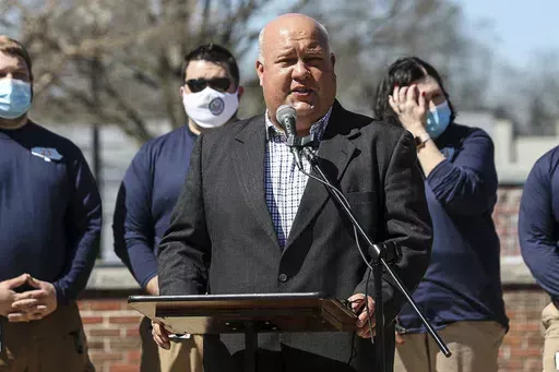 Smiths Station Mayor Bubba Copeland speaks during the Wednesday, March 3, 2019, tornado remembrance ceremony at Courthouse Square in downtown Opelika, Ala. (Sara Palczewski/Opelika-Auburn News via AP)