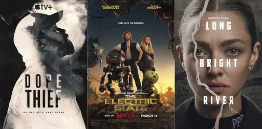 This combination of photos show promotional art for "Dope Thief," left, "Electric State," and "Long Bright River." (Apple TV+/Netflix/Peacock via AP)