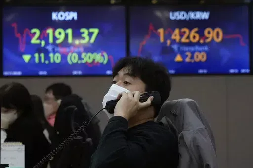A currency trader talks on the phone at the foreign exchange dealing room of the KEB Hana Bank headquarters in Seoul, South Korea, Thursday, Oct. 13, 2022. Asian stock markets fell Thursday ahead of an update on U.S. inflation that investors worry will reinforce the Federal Reserve's plans for more aggressive interest rate hikes. (AP Photo/Ahn Young-joon)