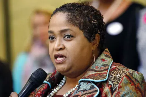 Rep. Sonya Williams-Barnes, D-Gulfport, speaks at a news conference on the gender pay gap at the Capitol in Jackson, Miss., on March 15, 2017. Williams-Barnes, who was a longtime leader in working to remove a Confederate symbol from the state flag said Monday, May 2, 2022, that she is stepping down to take a job with an advocacy group. She said her last day in the state House will be Sunday. The next day, she will begin work as Mississippi policy director for the Southern Poverty Law Center. (AP