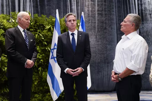 President Joe Biden and U.S. Secretary of State Antony Blinken, meet with victims' relatives and first responders who were directly affected by the Hamas attacks, Wednesday, Oct. 18, 2023, in Tel Aviv. (AP Photo/Evan Vucci)