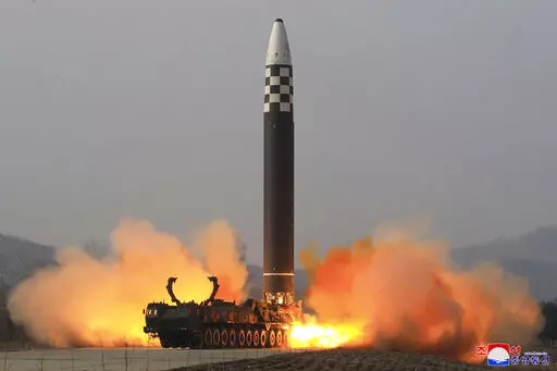 This photo distributed by the North Korean government shows what it says a test-fire of a Hwasong-17 intercontinental ballistic missile (ICBM), at an undisclosed location in North Korea on March 24, 2022. Independent journalists were not given access to cover the event depicted in this image distributed by the North Korean government. The content of this image is as provided and cannot be independently verified. Korean language watermark on image as provided by source reads: "KCNA" which is the 