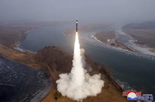 This photo provided by the North Korean government, shows what it says a test fire of new type intermediate-range hypersonic ballistic missile at an undisclosed place in North Korea Monday, Jan. 6, 2025. Independent journalists were not given access to cover the event depicted in this image distributed by the North Korean government. The content of this image is as provided and cannot be independently verified.Korean language watermark on image as provided by source reads: "KCNA" which is the ab