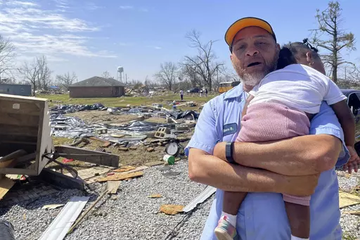 William Barnes talks about the damage to his property on Saturday, March 25, 2023 in Silver City, Miss. Emergency officials in Mississippi say several people have been killed by tornadoes that tore through the state on Friday night, destroying buildings and knocking out power as severe weather produced hail the size of golf balls moved through several southern states. (AP Photo/Michael Goldberg)