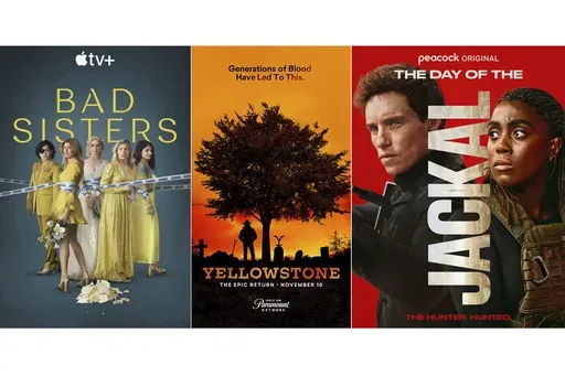 This combination of images show promotional art for "Bad "Sisters", from left, "Yellowstone", and "The "Day of the Jackal". (Apple TV+/Paramount Network/Peacock via AP)