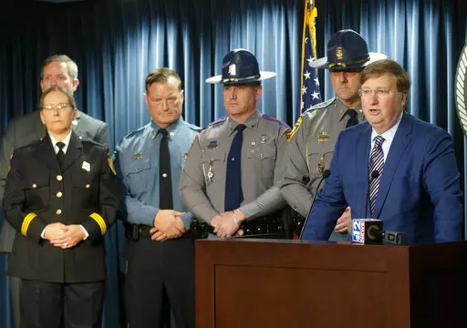 Mississippi Gov. Tate Reeves expresses his gratitude for law enforcement during COVID-19, at a news conference at the Walter Sillers Building in Jackson, Miss., on Monday, Dec. 20, 2021. (Eric Shelton/The Clarion-Ledger via AP)