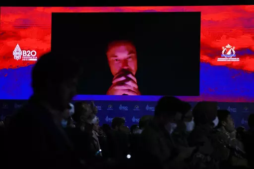 Tesla CEO Elon Musk talks during a virtual meeting at the B20 Summit ahead of the G20 leaders summit in Nusa Dua, Bali, Indonesia, Monday, Nov. 14, 2022. (AP Photo/Aaron Favila)