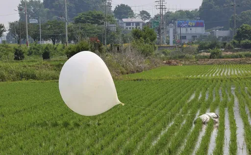 A balloon presumably sent by North Korea, is seen in a paddy field in Incheon, South Korea, on June 10, 2024. (Im Sun-suk/Yonhap via AP, File)