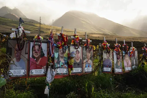 Photos of victims are displayed under white crosses at a memorial for the August 2023 wildfire victims, above the Lahaina Bypass highway, Dec. 6, 2023, in Lahaina, Hawaii. (AP Photo/Lindsey Wasson, File)
