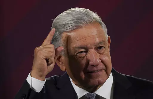 Mexican President Andres Manuel Lopez Obrador gives his regularly scheduled morning press conference at the National Palace in Mexico City, Tuesday, Feb. 28, 2023. (AP Photo/Marco Ugarte)
