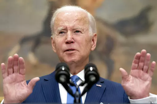 President Joe Biden speaks about the war in Ukraine in the Roosevelt Room at the White House, Thursday, April 28, 2022, in Washington. (AP Photo/Andrew Harnik)
