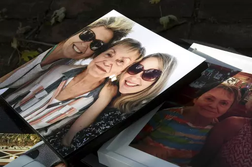 Photos of Sara Lee Swoveland, center in the left image, and her family are seen in Colorado Springs, Colo., on Thursday, Oct. 19, 2023. Her daughter, Abby Hoveland, says she believes the Return to Nature Funeral Home in Penrose, Colo., gave her cement dust instead of her mother's ashes. The business where nearly 200 decaying bodies were discovered this month appears to have fabricated cremation records and may have given families fake ashes, according to information gathered by The Associated Pr