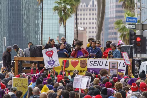 Union leaders address thousands of Los Angeles Unified School District teachers and Service Employees International Union 99 members during a rally outside the LAUSD headquarters in Los Angeles on March 21, 2023. In an agreement announced Saturday, April 8, Los Angeles Unified School District workers approved a labor deal following a massive three-day strike over wages and staffing that halted education for students in one of the nation's largest school systems. (AP Photo/Damian Dovarganes, File