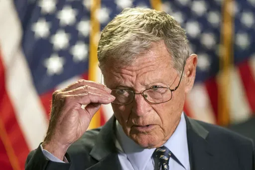 In this June 30, 2020, file photo, Sen. James Inhofe, R-Okla., speaks to reporters following a GOP policy meeting on Capitol Hill in Washington. Sen. Inhofe has died Tuesday, July 9, 2024. He was 89. (AP Photo/Manuel Balce Ceneta, File)