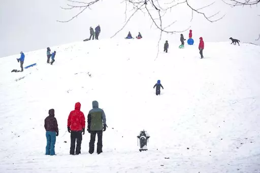 People enjoy Kite Hill in the snow at Gas Works Park Sunday, Dec. 26, 2021, in Seattle. Snow is blanketing parts of the Pacific Northwest because of unusually cold temperatures.  Seattle got between 3 and 5 inches of snow as of Sunday morning. (Ken Lambert /The Seattle Times via AP)