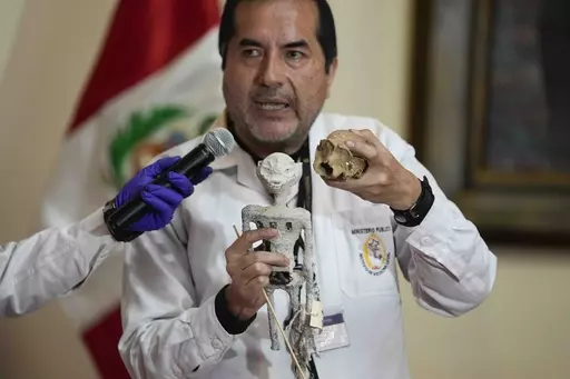 Forensic archaeologist Flavio Estrada from Peru's prosecutor's office shows a doll, which was seized by authorities before it was shipped to Mexico, during a press conference to explain what it is made of at the Archeology Museum in Lima, Peru, Friday, Jan. 12, 2024. According to Estrada, two dolls and a three-fingered hand are constructed of paper, glue, metal, human and animal bones. (AP Photo/Martin Mejia)