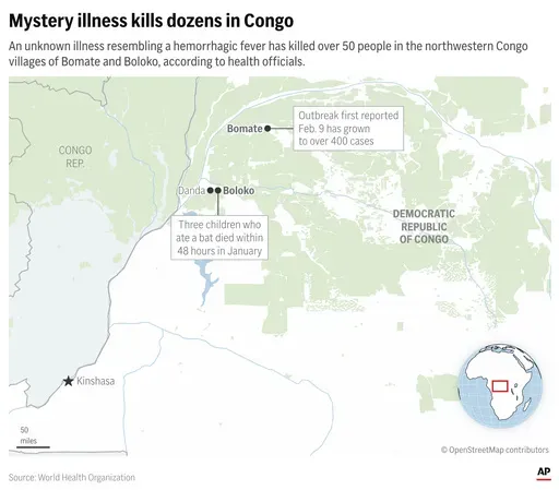 A hemorrhagic fever outbreak in the Democratic Republic of Congo has left more than 50 people dead. (AP Graphic)