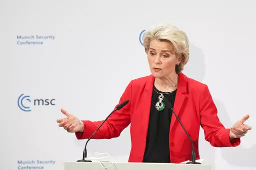 European Commission President Ursula von der Leyen speaks at the Munich Security Conference in Munich, Germany, Saturday, Feb. 19, 2022. (AP Photo/Michael Probst)