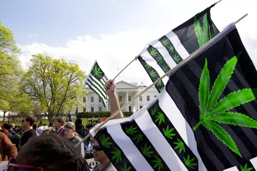 A demonstrator waves a flag with marijuana leaves depicted on it during a protest calling for the legalization of marijuana, outside of the White House on April 2, 2016, in Washington. President Joe Biden is pardoning thousands of Americans convicted of “simple possession” of marijuana under federal law, as his administration takes a dramatic step toward decriminalizing the drug and addressing charging practices that disproportionately impact people of color. (AP Photo/Jose Luis Magana, File