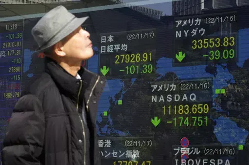 A person walks in front of an electronic stock board showing Japan's Nikkei 225 index, center left, at a securities firm Thursday, Nov. 17, 2022, in Tokyo. Asian shares mostly declined Thursday amid concerns about the impact of China's "zero-COVID" strategy mixed with hopes for economic activity and tourism returning to normal. (AP Photo/Shuji Kajiyama)