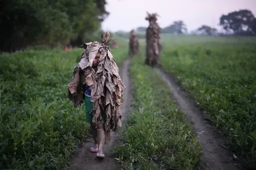 A Catholic boy walks towards the church of Saint John the Baptist during the “Taong Putik” or mud people festival at Bibiclat, Nueva Ecija province, northern Philippines, Monday, June 24, 2024. (AP Photo/Aaron Favila)