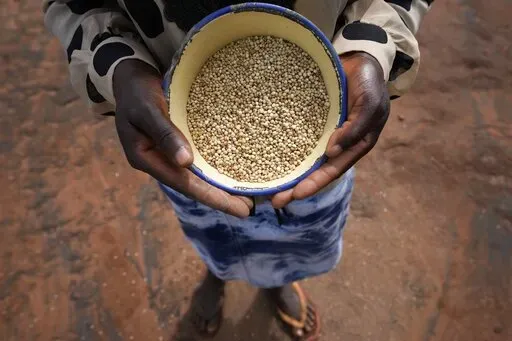 Maria Chagwena, a millet farmer, holds a plate with millet grains outside her house in Zimbabwe's arid Rushinga district, northeast of the capital Harare, on Wednesday, Jan, 18, 2023. With concerns about war, drought and the environment raising new worries about food supplies, the U.N.'s Food and Agricultural Organization has christened 2023 as the “Year of Millets” — grains that have been cultivated in all corners of the globe for millennia but have been largely pushed aside. (AP Photo/Ts