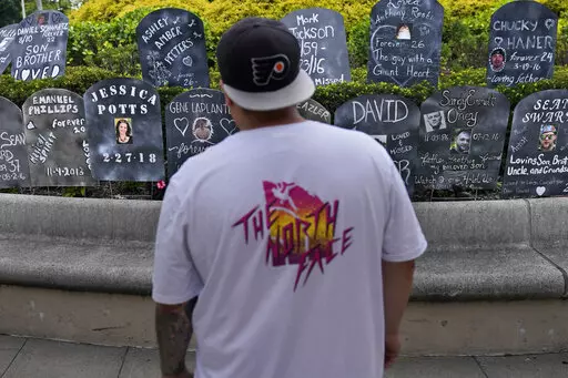 A man looks at cardboard gravestones with the names of victims of opioid abuse outside the courthouse where the Purdue Pharma bankruptcy is taking place in White Plains, N.Y., Monday, Aug. 9, 2021.  A federal appeals panel is scheduled to hear arguments on whether members of the Sackler family can be granted protection from lawsuits as part of a bankruptcy settlement for the company they own, OxyContin maker Purdue Pharma. If the company doesn’t get what it wants, it could have to fight off th