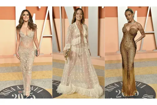 This combination of photos shows Elizabeth Hurley, from left, Olivia Wilde and Doja Cat at the Vanity Fair Oscar Party in Beverly Hills, Calif., on Sunday, March 2, 2025. (Photos by Evan Agostini/Invision/AP)
