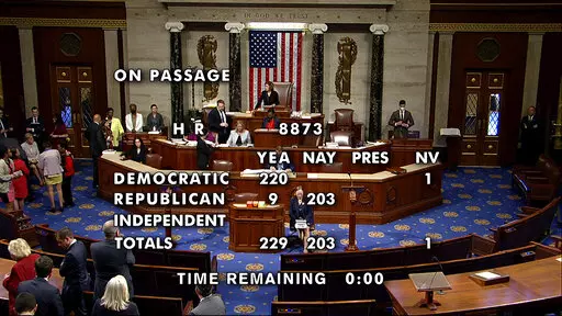 This image from House Television shows House Speaker Nancy Pelosi of Calif., presiding as the House passes H.R. 8873 on Wednesday, Sept. 21, 2022, at the Capitol in Washington. The House passed legislation to overhaul the rules for certifying the results of a presidential election as lawmakers accelerate their response to the Jan. 6, 2021, insurrection and Donald Trump's failed attempt to remain in power. (House Television via AP)