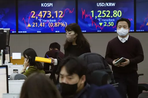 Currency traders pass by the screens showing the Korea Composite Stock Price Index (KOSPI), left, and the foreign exchange rate between U.S. dollar and South Korean won at the foreign exchange dealing room of the KEB Hana Bank headquarters in Seoul, South Korea, Wednesday, Feb. 8, 2023. Shares were mixed in Asia on Wednesday after stocks rallied on Wall Street following comments by the chair of the Federal Reserve signaling that last week’s stunningly strong jobs report won’t by itself sway 